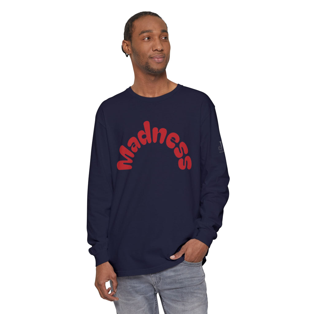 Madness Arch Logo long sleeve tee | White shirt with red retro text