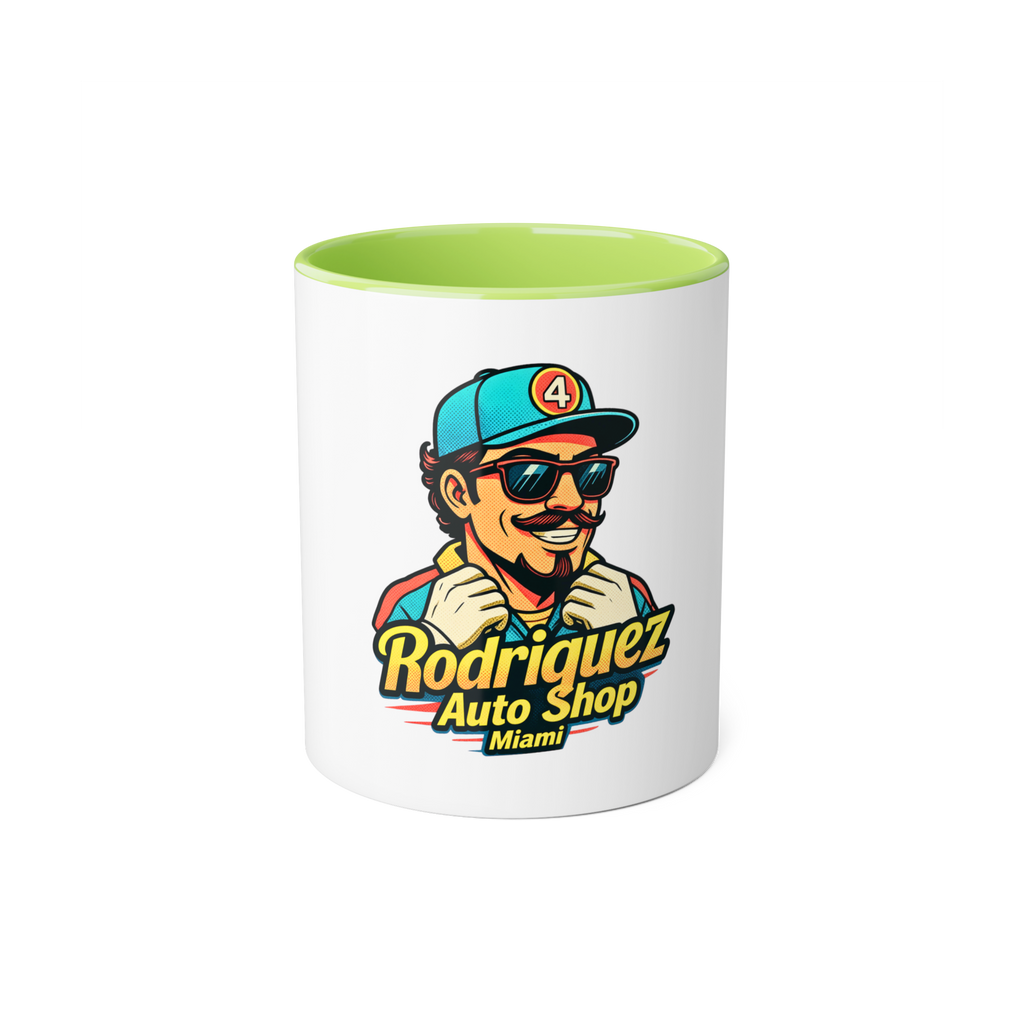 Rodriguez Auto Shop Mug — Retro Mechanic Logo Accent Coffee Cup (Miami)