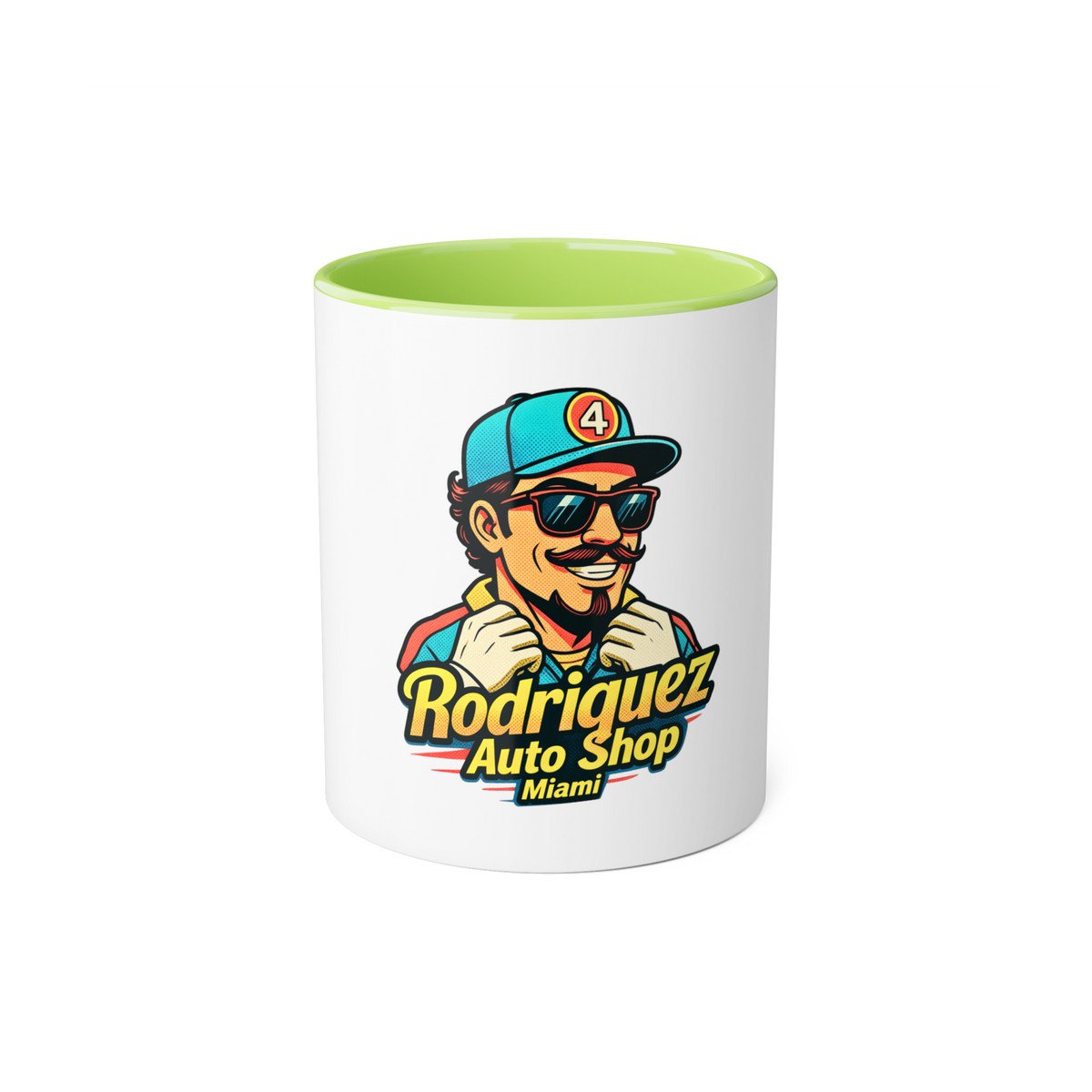 Rodriguez Auto Shop Mug — Retro Mechanic Logo Accent Coffee Cup (Miami)