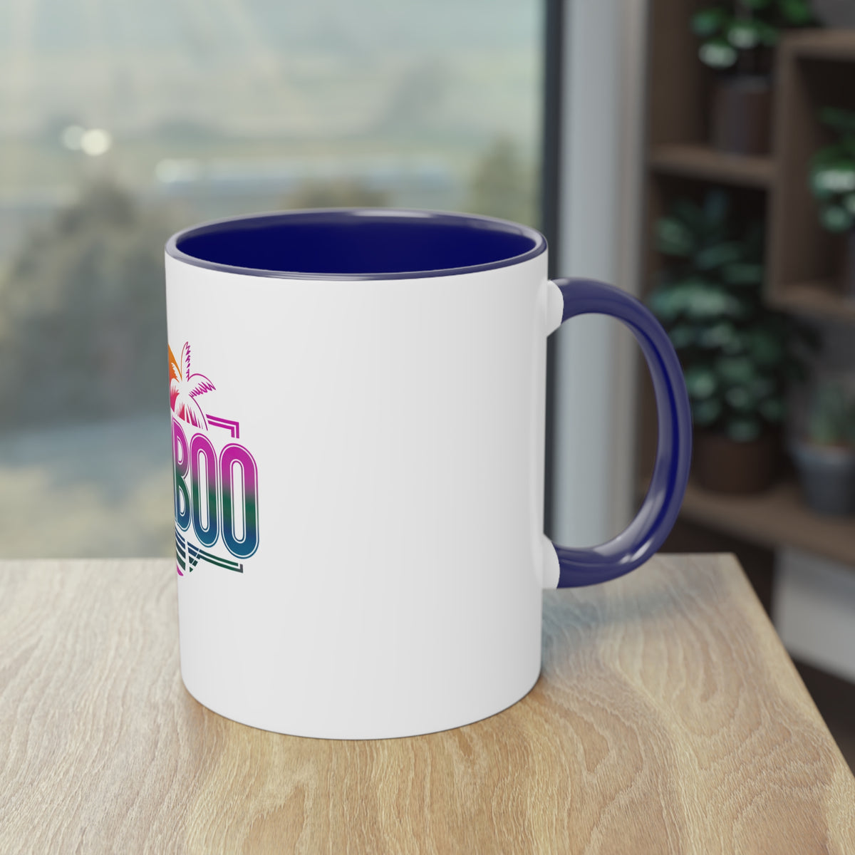 Bamboo Retro Sunset Coffee Mug — Two-Tone 11oz Tropical Palm Design