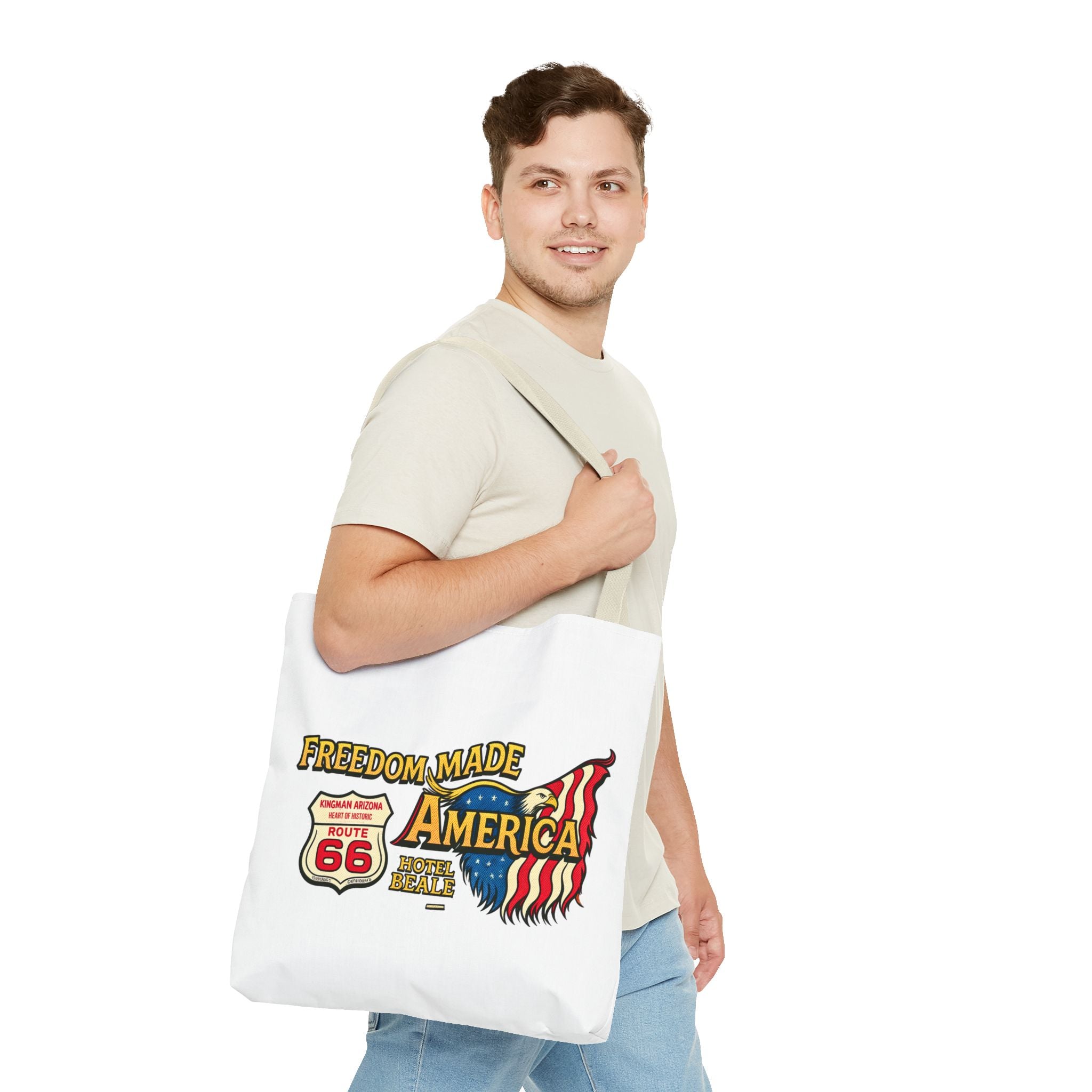Freedom Made America Tote Bag | Route 66 Flag Graphic