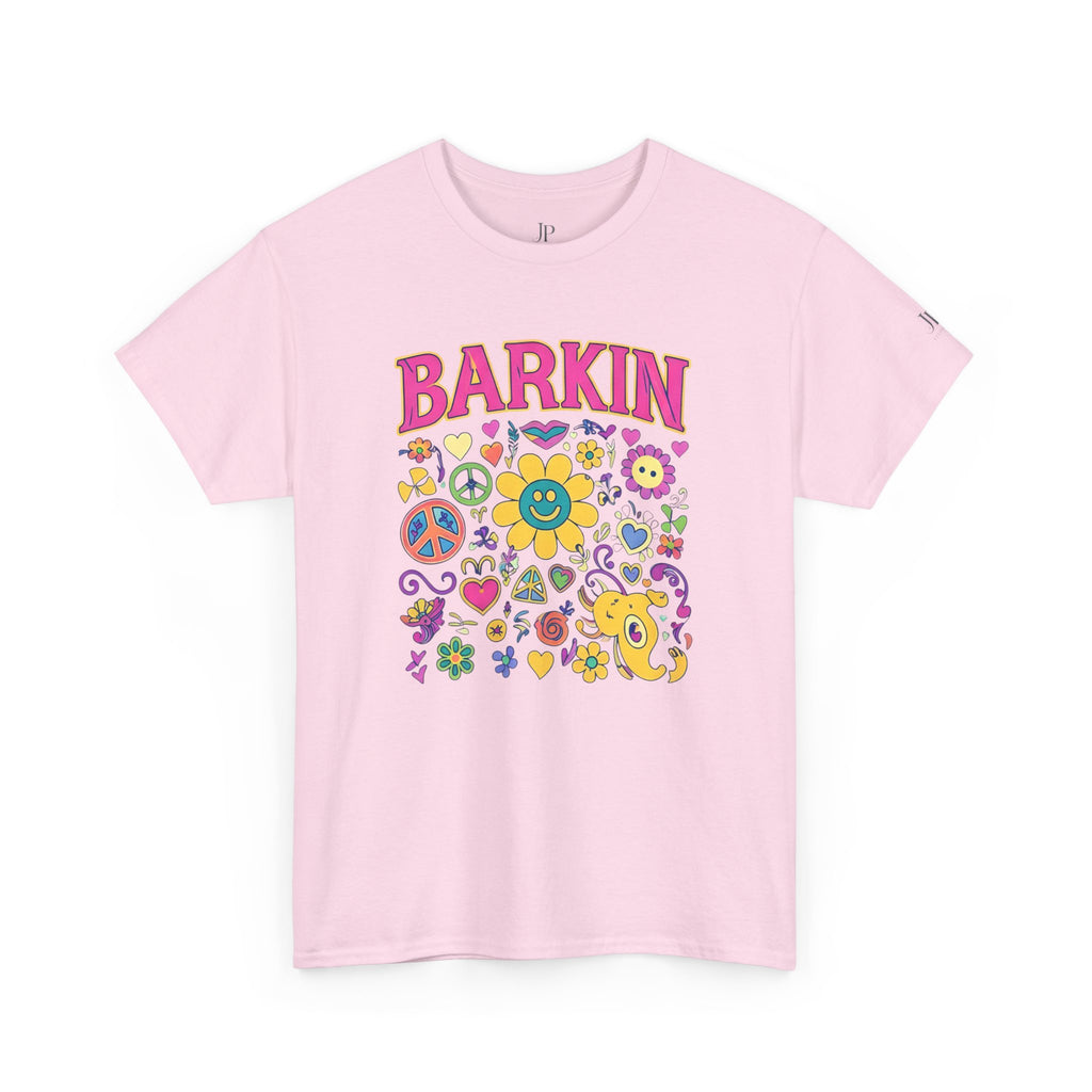 Barkin retro floral dog design T-Shirt | 70s cartoon flowers peace signs, JP Ellington Edition