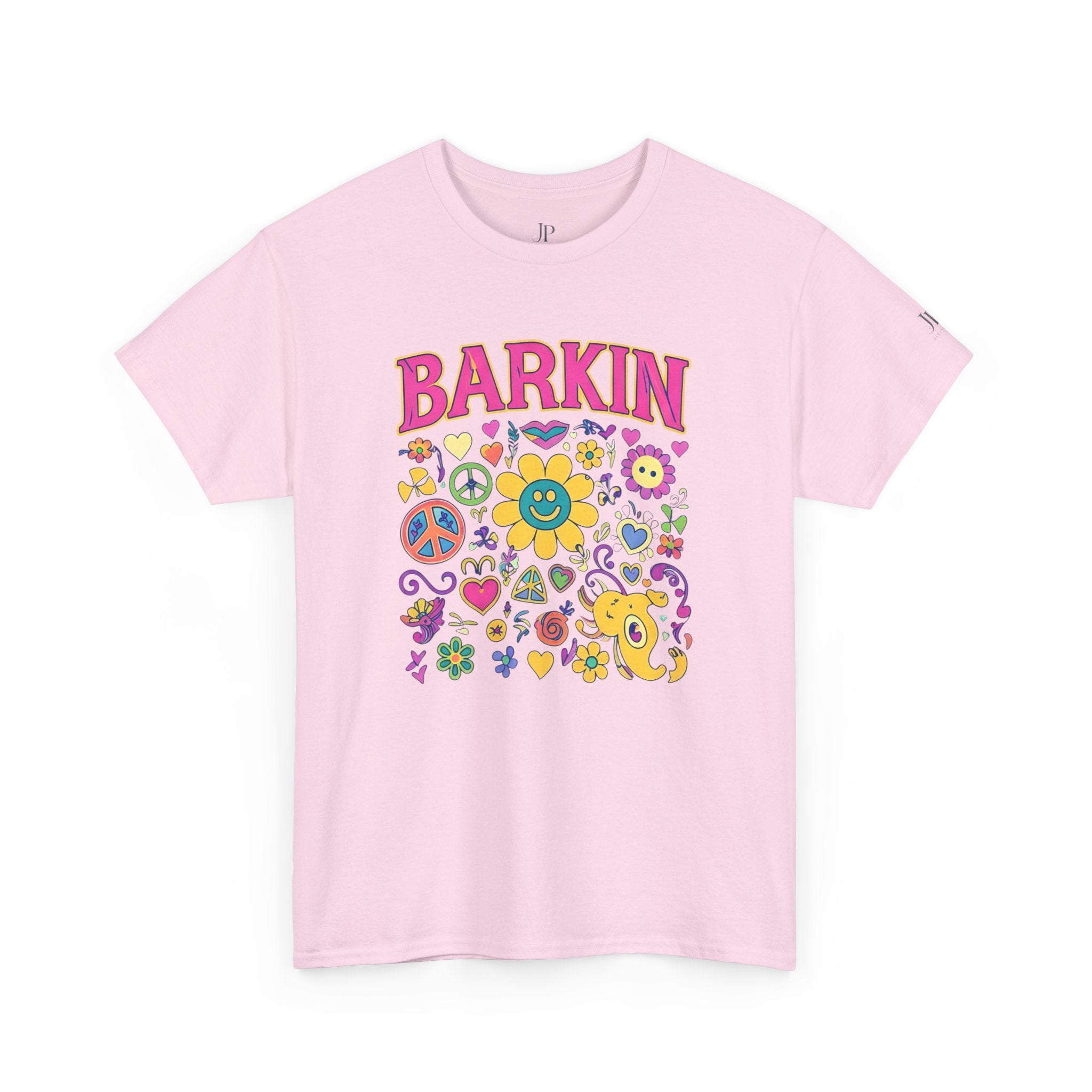 Barkin retro floral dog design T-Shirt | 70s cartoon flowers peace signs, JP Ellington Edition