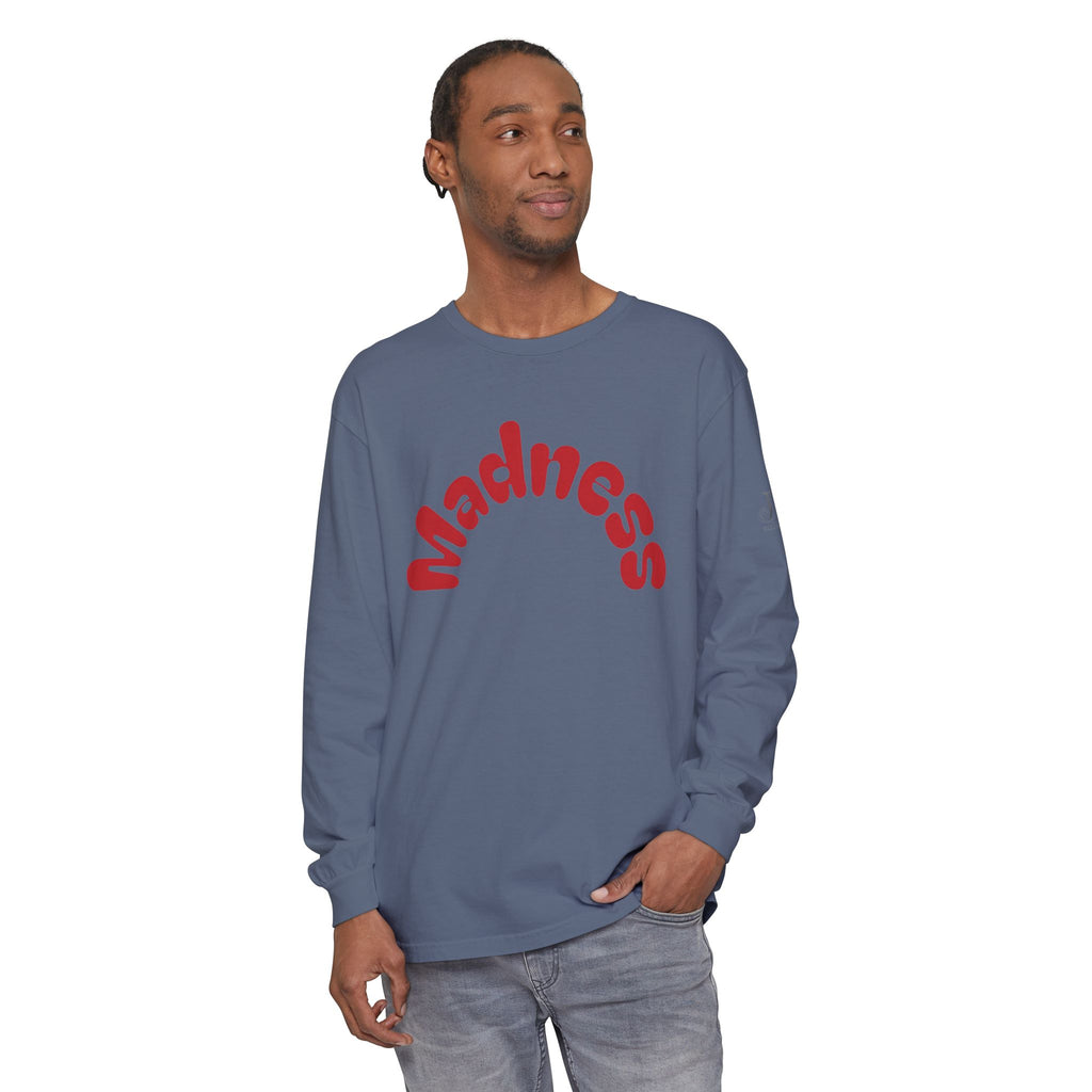 Madness Arch Logo long sleeve tee | White shirt with red retro text