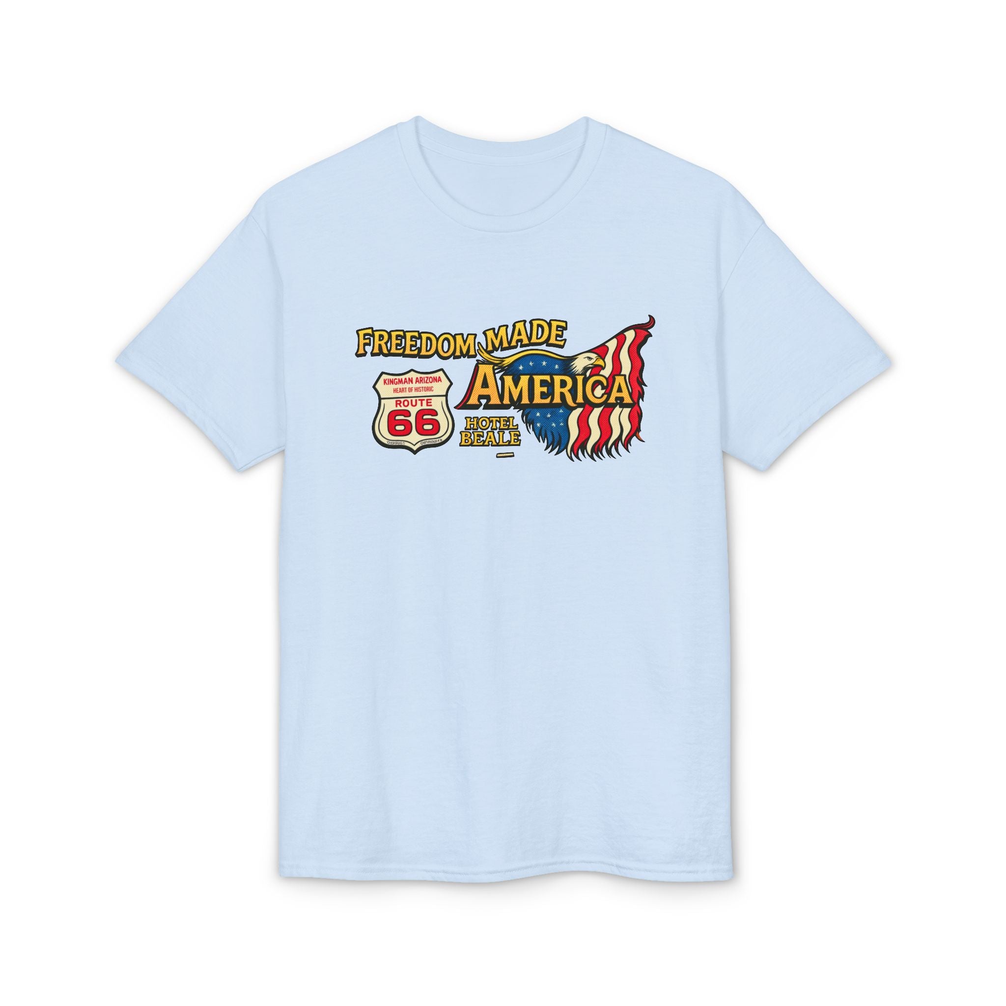 Freedom Made America Route 66 Karte T-Shirt | Amerikanische Flagge Straßenrand-Grafik