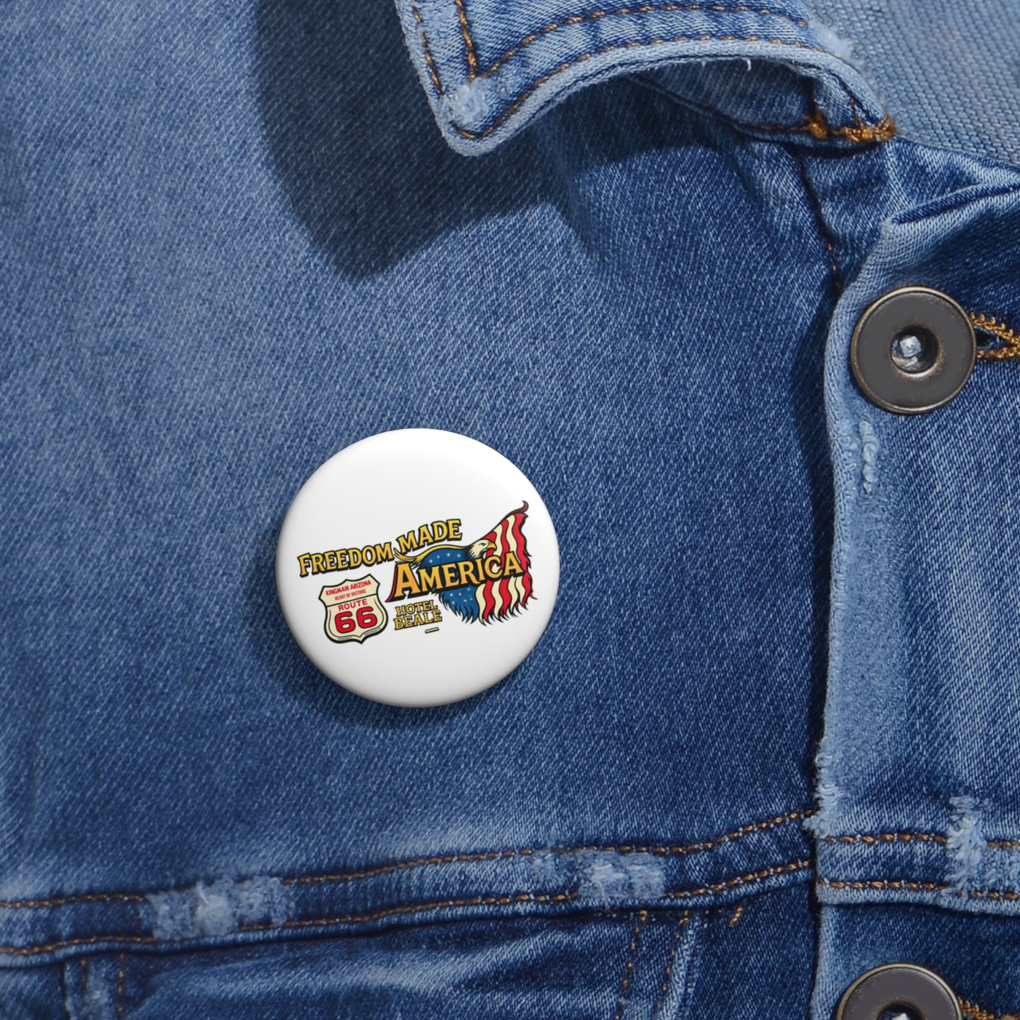 Freedom Made America Pin Button | Route 66 Flag Patriotic Badge