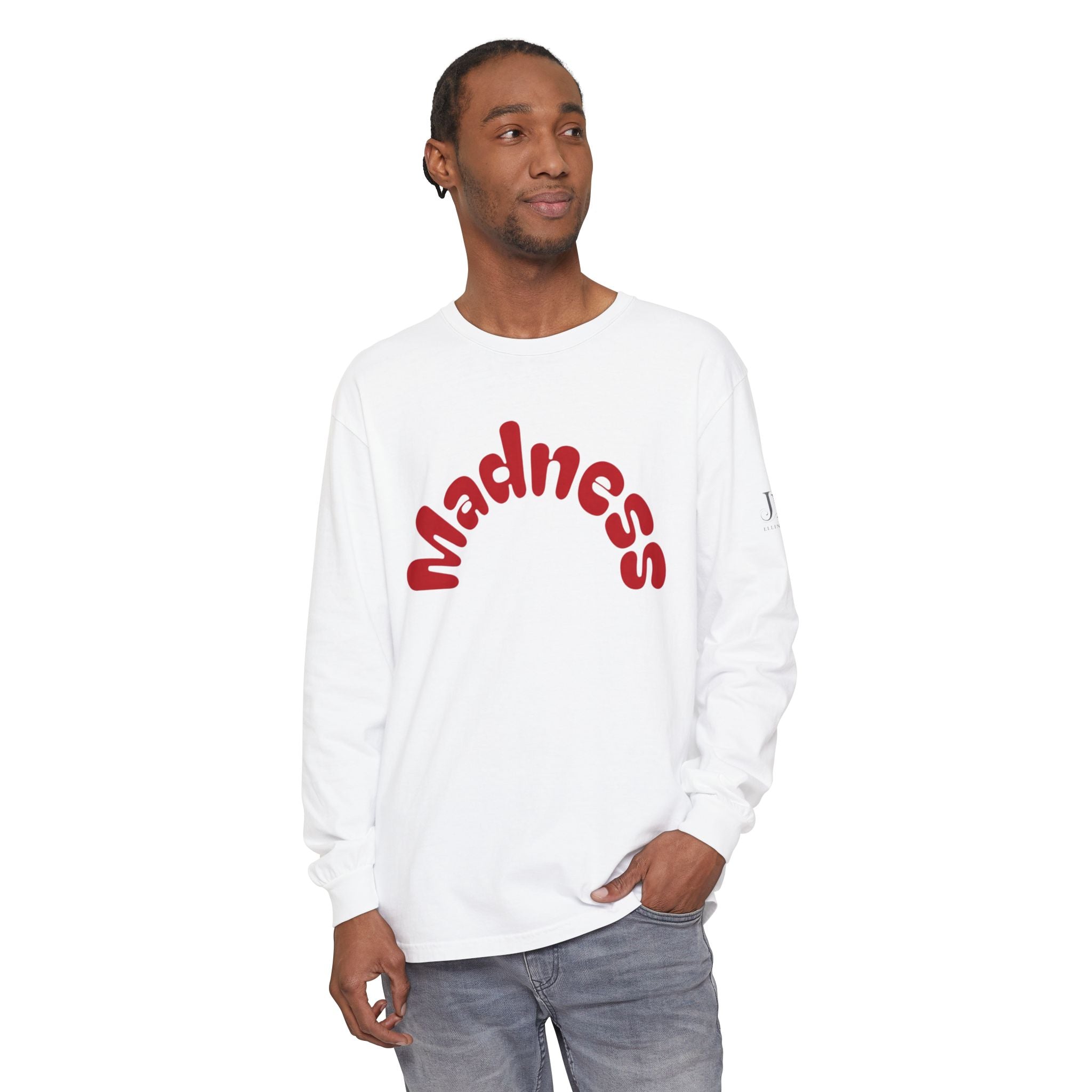 Madness Arch Logo long sleeve tee | White shirt with red retro text