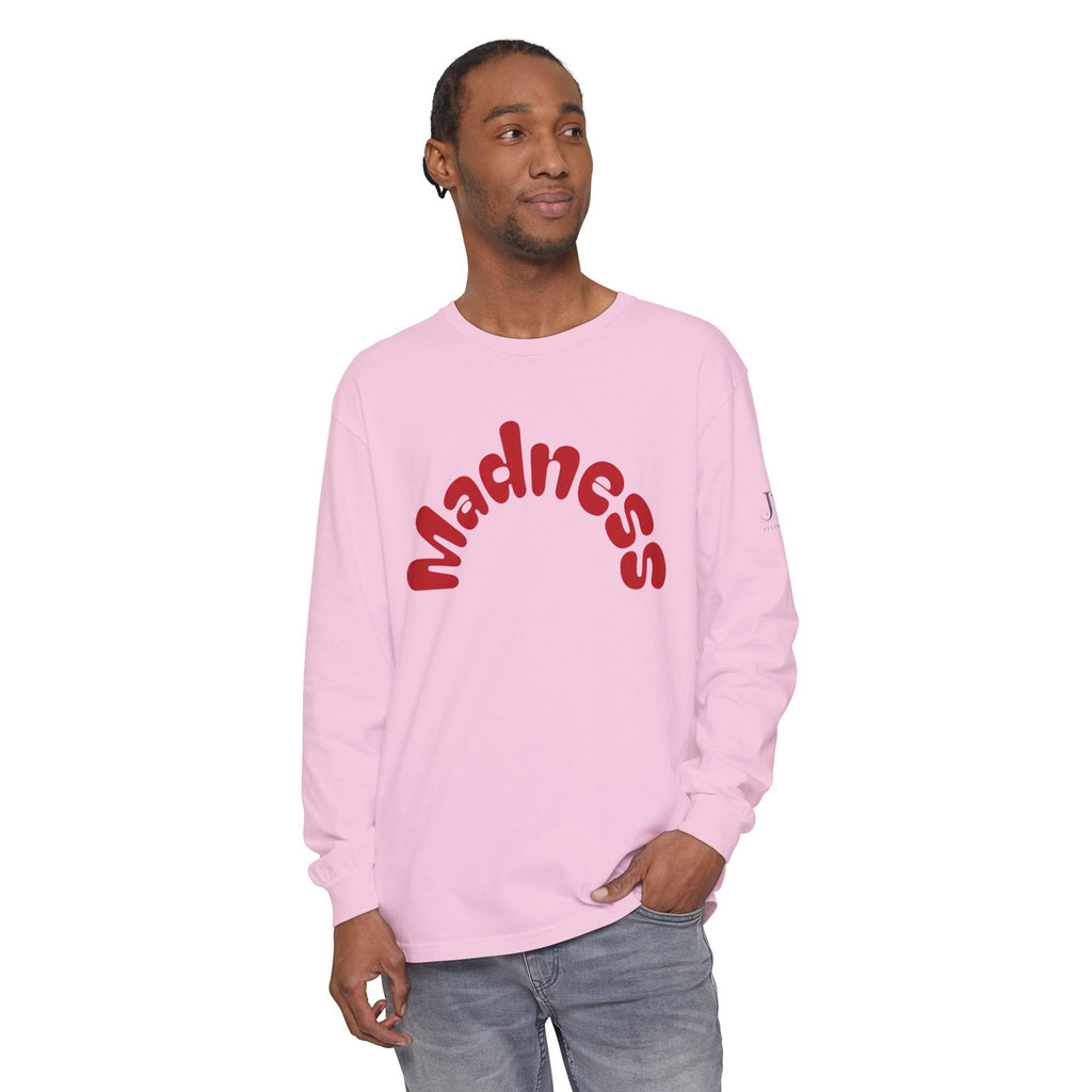 Madness Arch Logo long sleeve tee | White shirt with red retro text