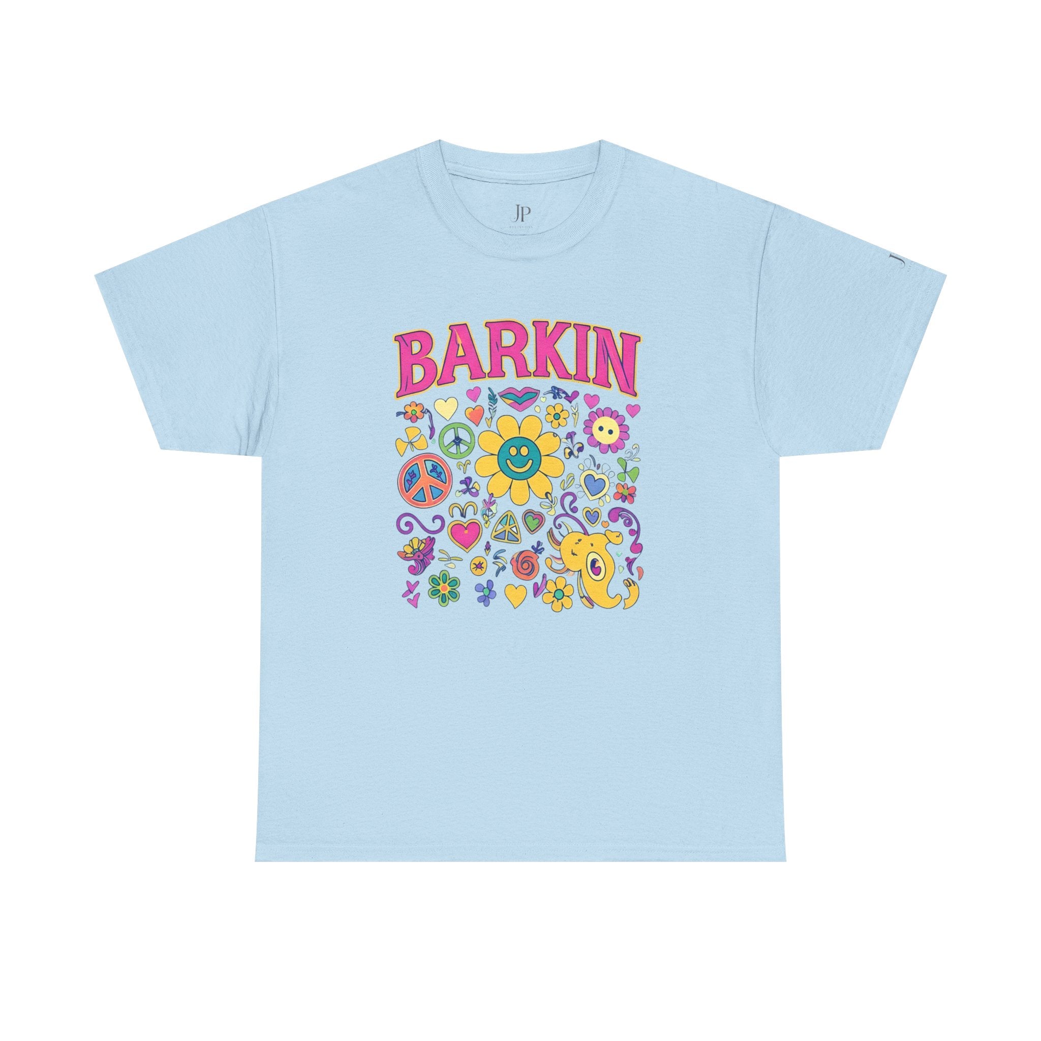 Barkin retro floral dog design T-Shirt | 70s cartoon flowers peace signs, JP Ellington Edition