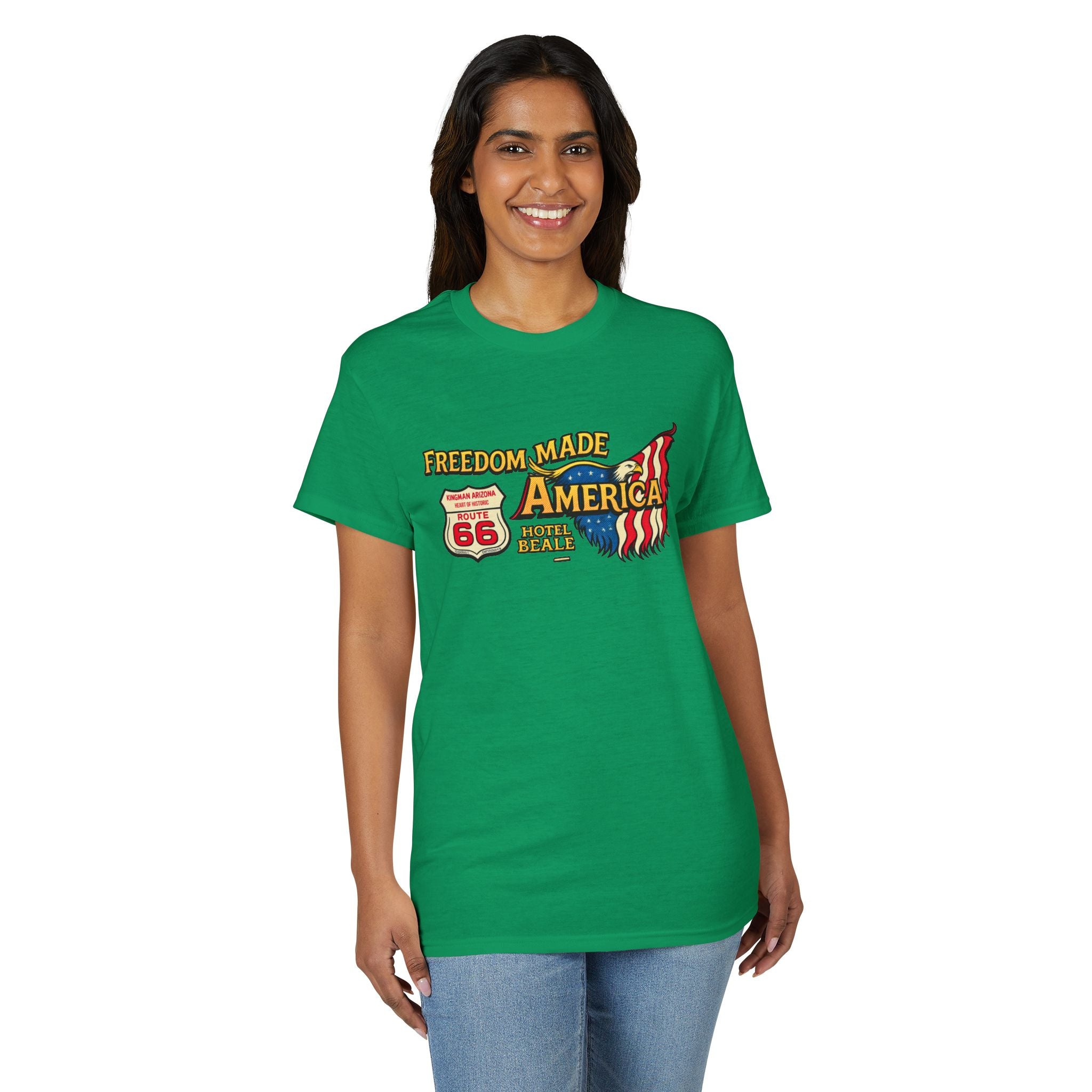 Freedom Made America Route 66 Map T-Shirt | American Flag Roadside Graphic
