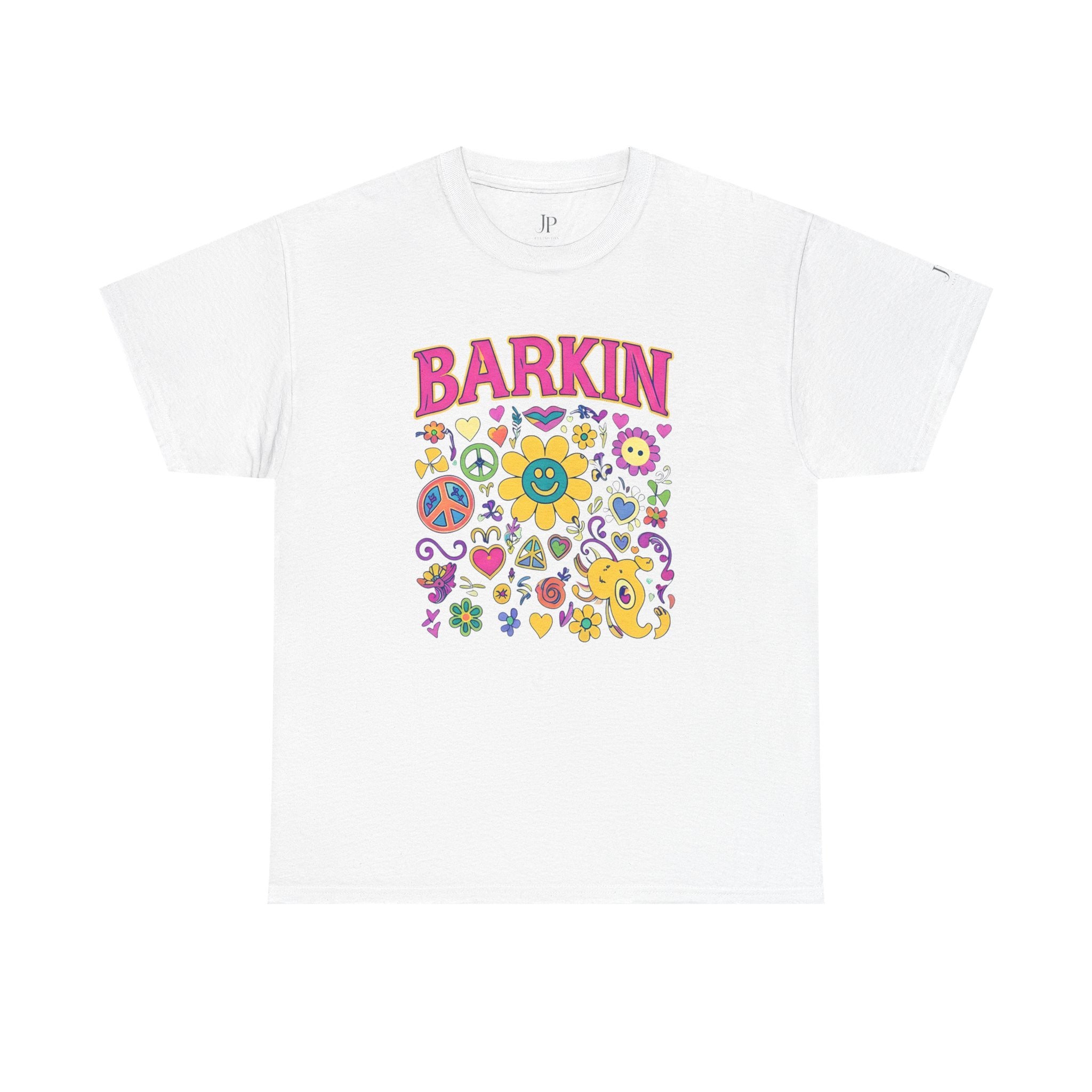 T-Shirt mit Retro-Blumen-Hundedesign „Barkin“ | Blumen und Friedenszeichen im 70er-Jahre-Cartoon-Stil, JP Ellington Edition