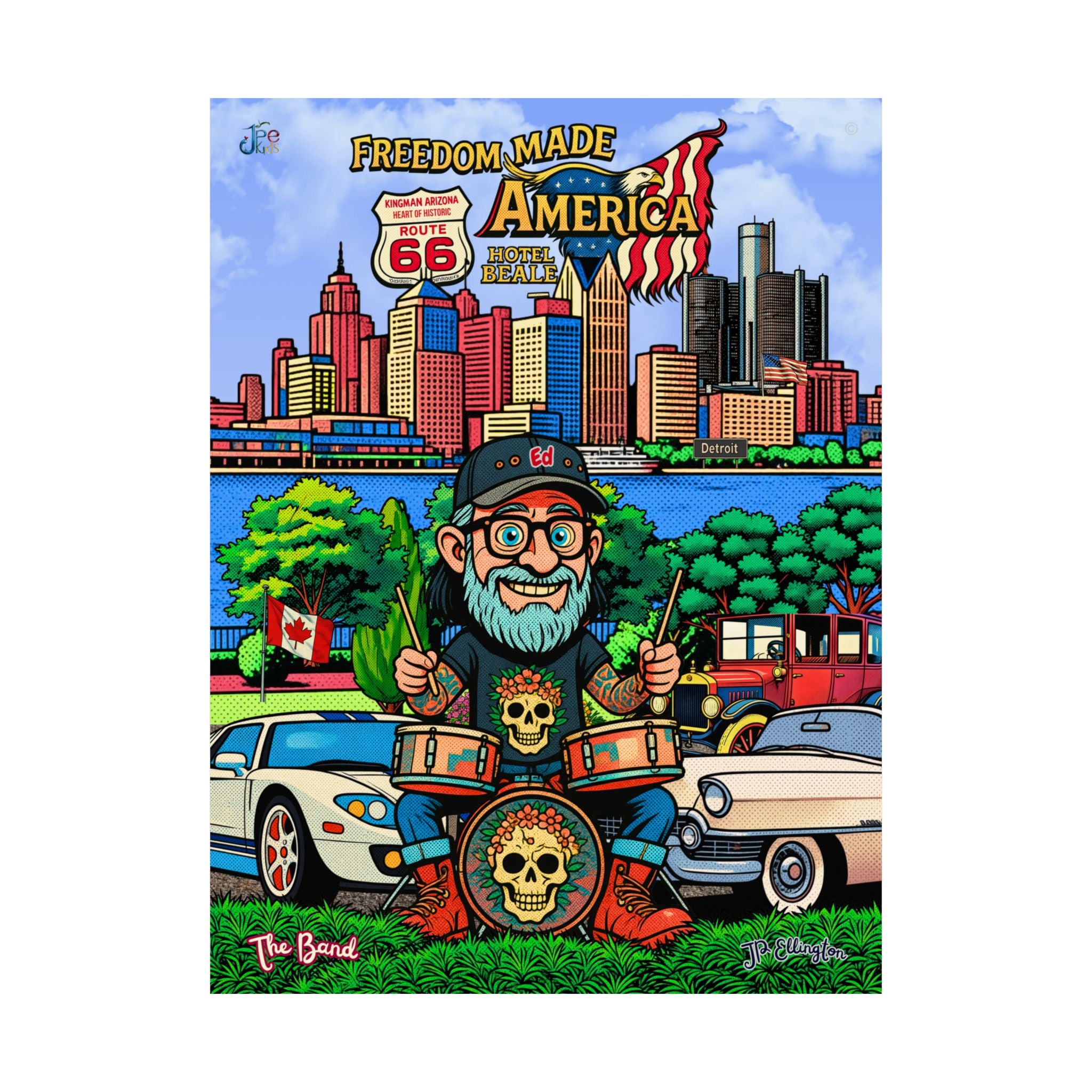 Freedom Made America poster Matte Vertical Poster |Detroit skyline, classic cars
