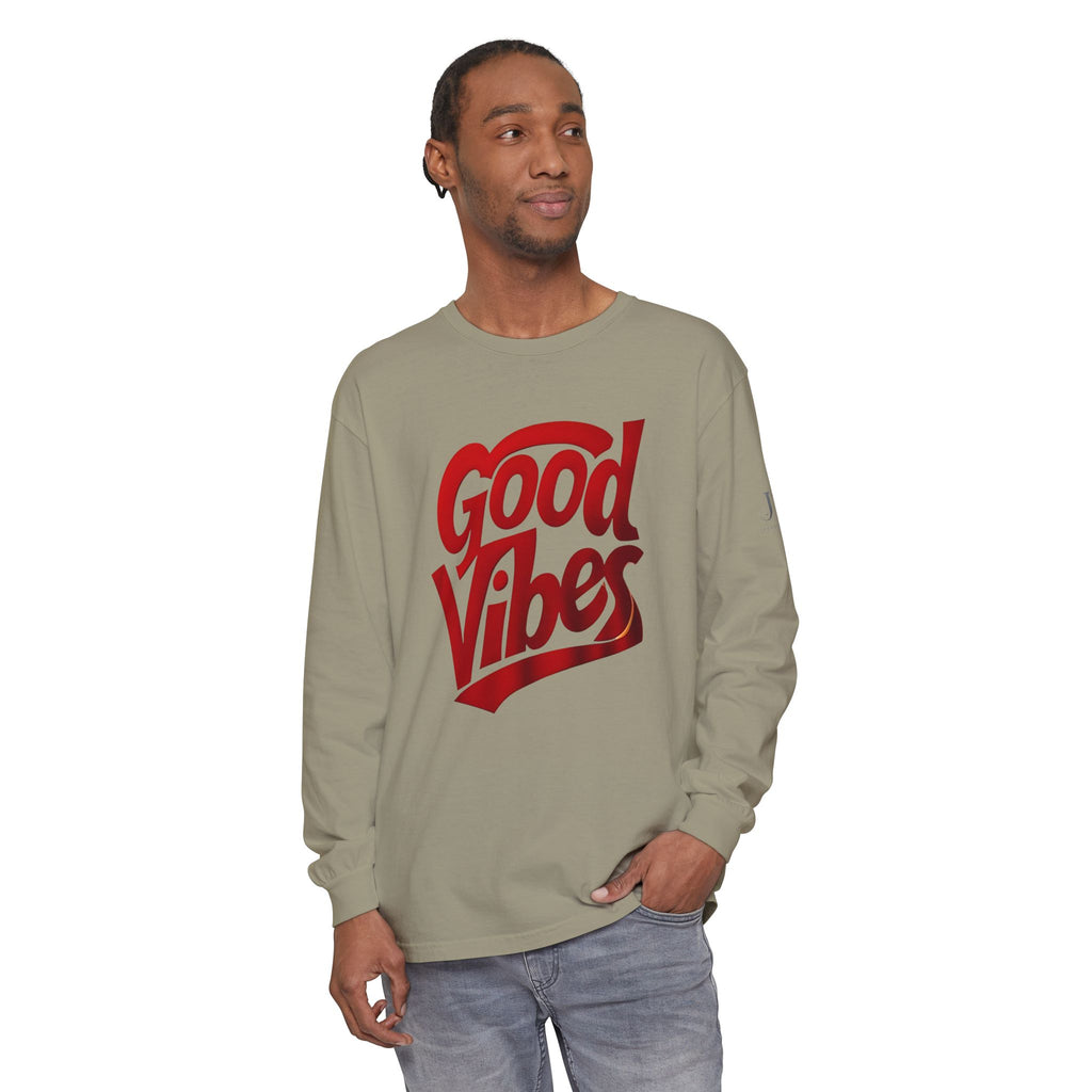 Good Vibes script graphic Long Sleeve Tee | White, Red lettering