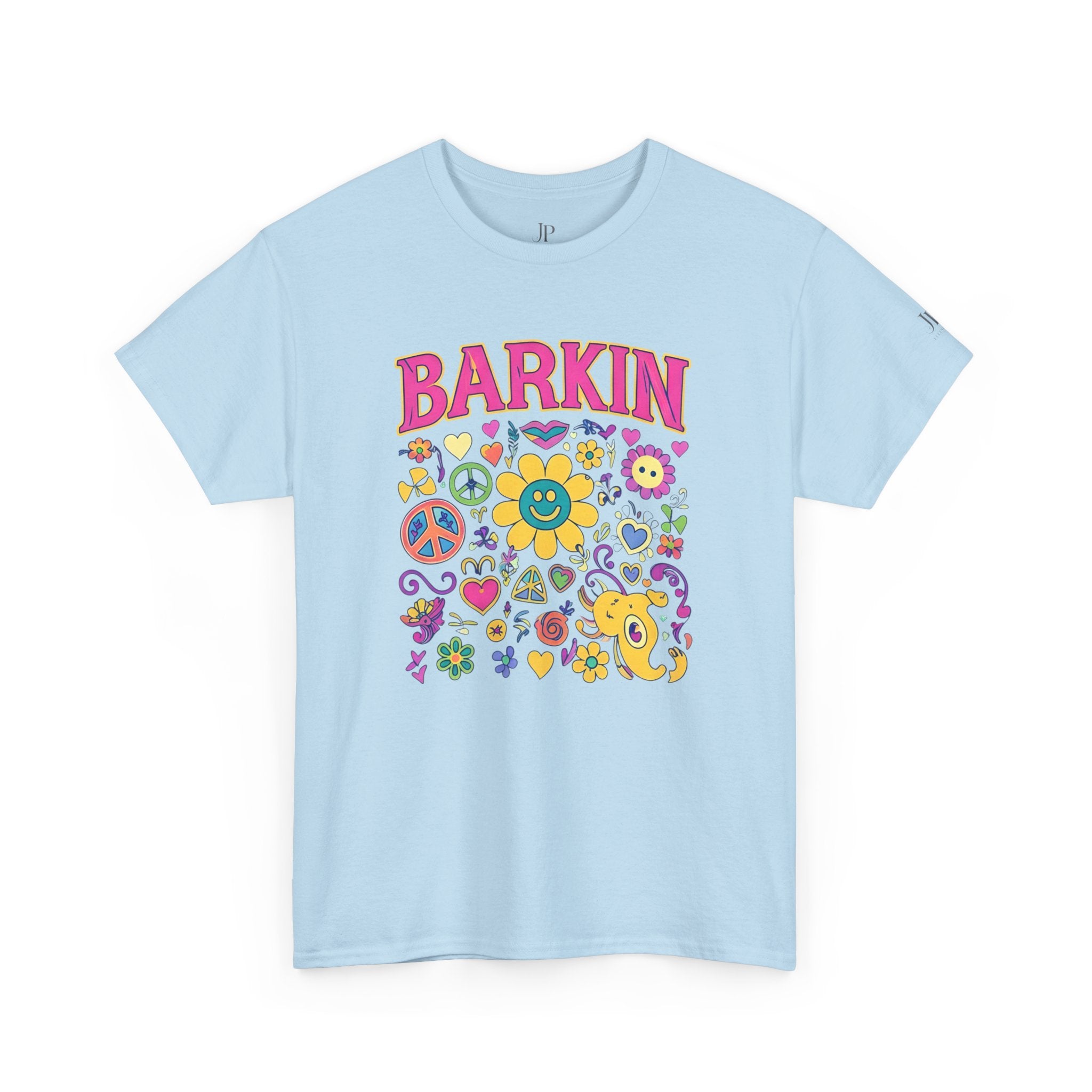 Barkin retro floral dog design T-Shirt | 70s cartoon flowers peace signs, JP Ellington Edition