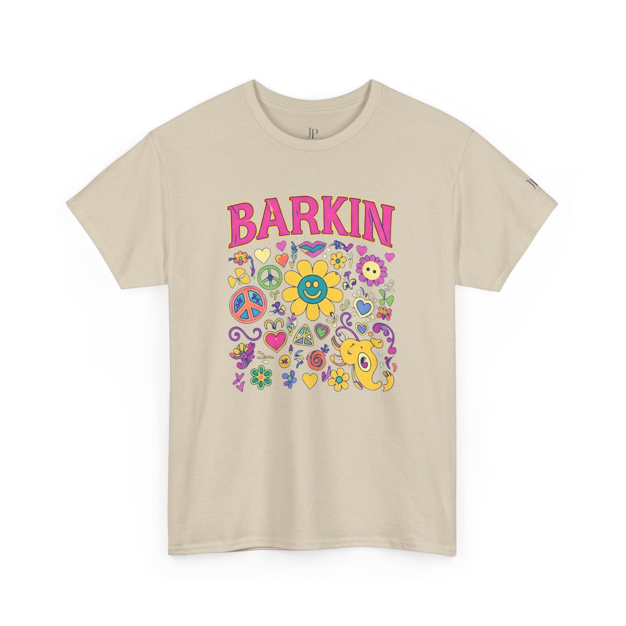 Barkin retro floral dog design T-Shirt | 70s cartoon flowers peace signs, JP Ellington Edition