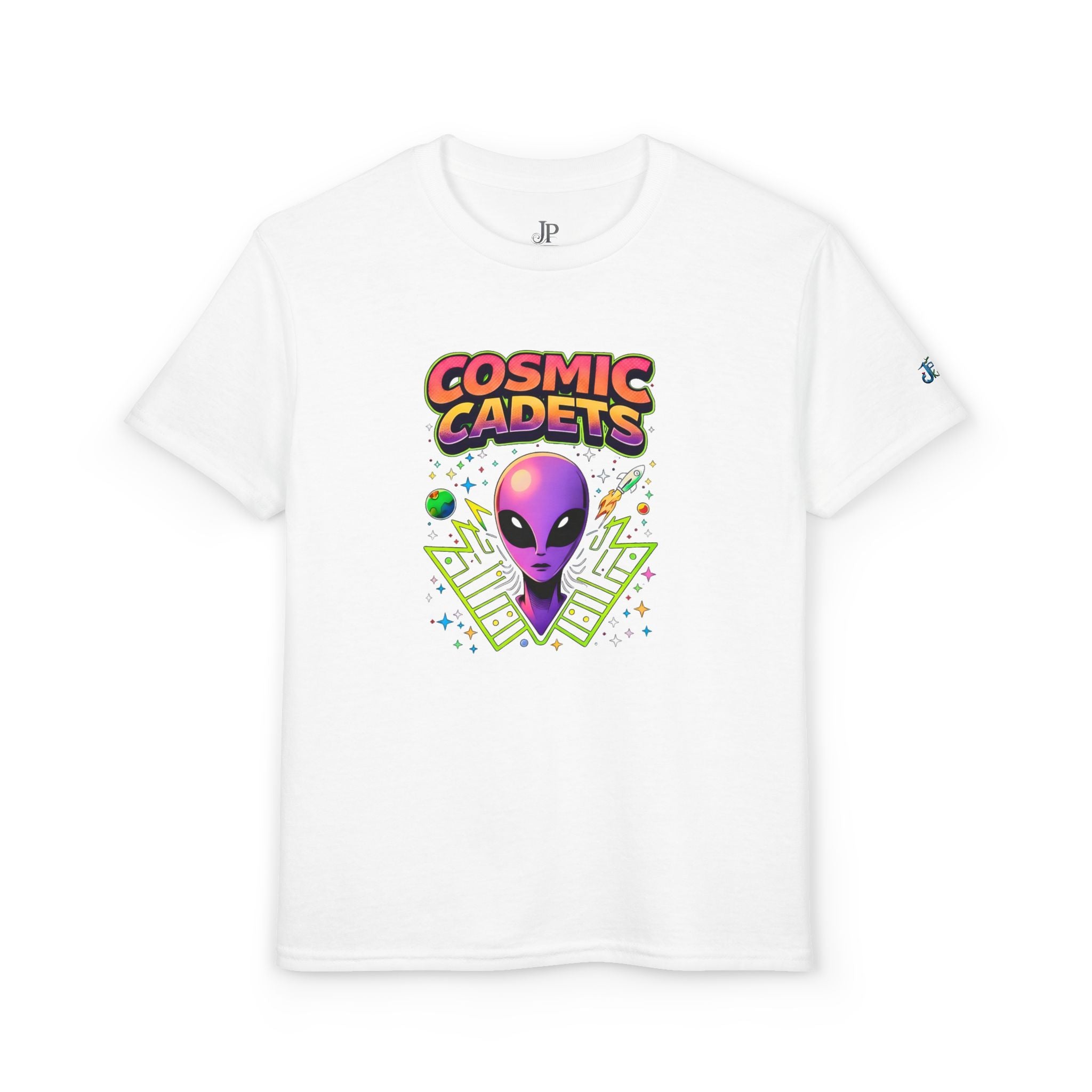 Cosmic Cadets Alien-Kopf Jugend T-Shirt | Retro-Weltraum, Neon Sci-Fi, Jungen-T-Shirt
