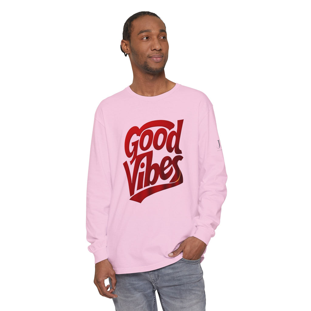 Good Vibes script graphic Long Sleeve Tee | White, Red lettering