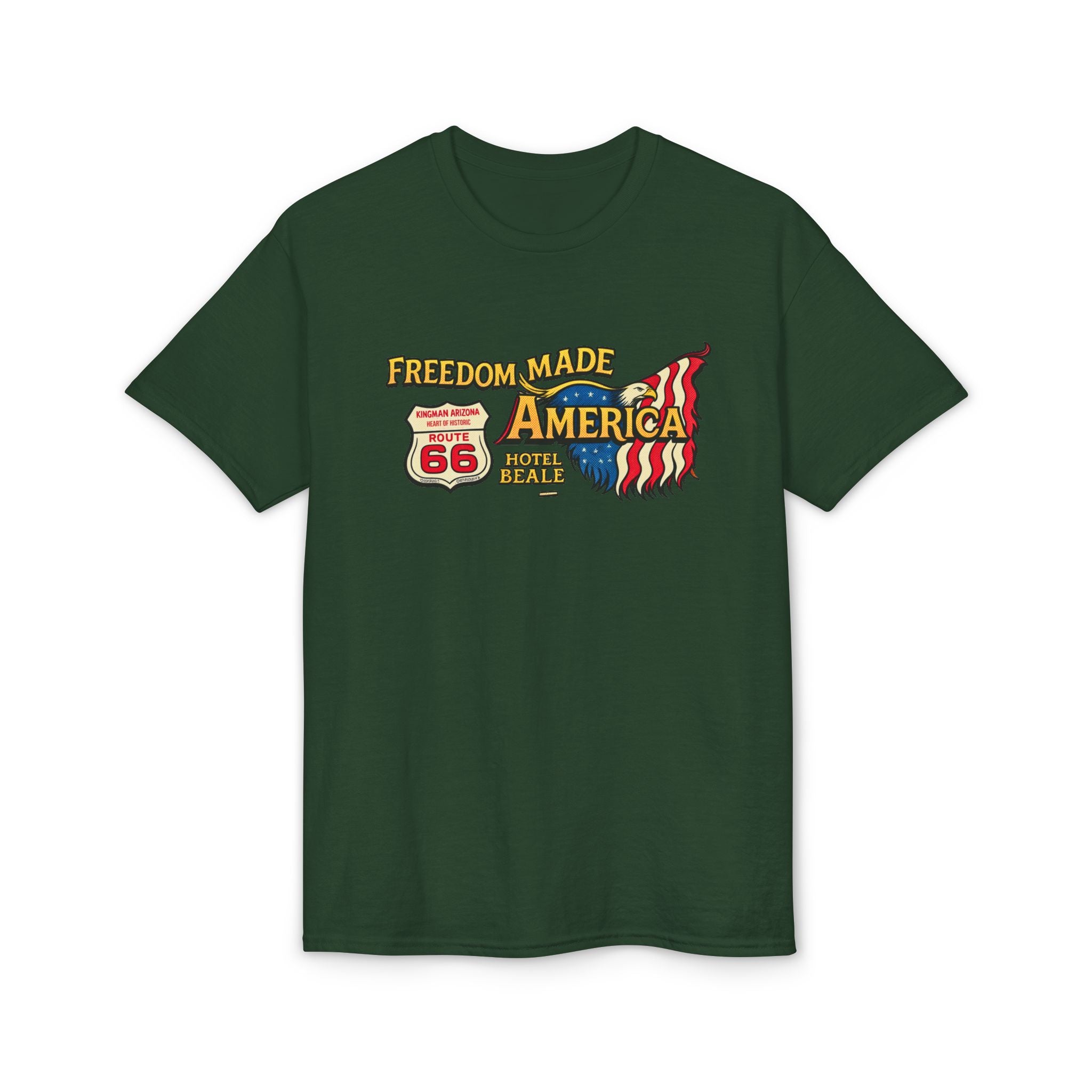 Freedom Made America Route 66 Karte T-Shirt | Amerikanische Flagge Straßenrand-Grafik