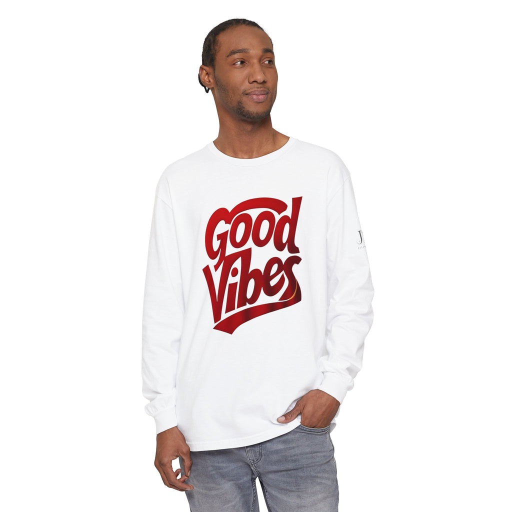 Good Vibes script graphic Long Sleeve Tee | White, Red lettering