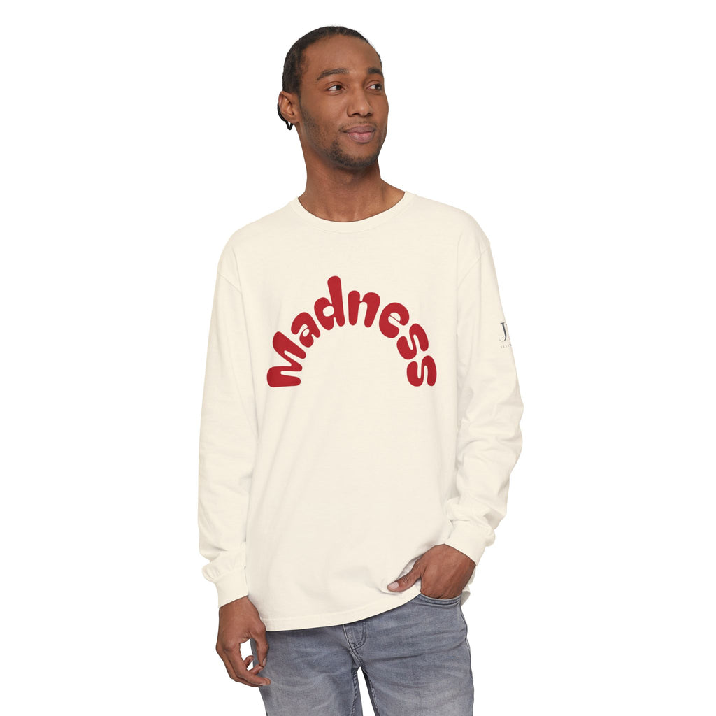 Madness Arch Logo long sleeve tee | White shirt with red retro text
