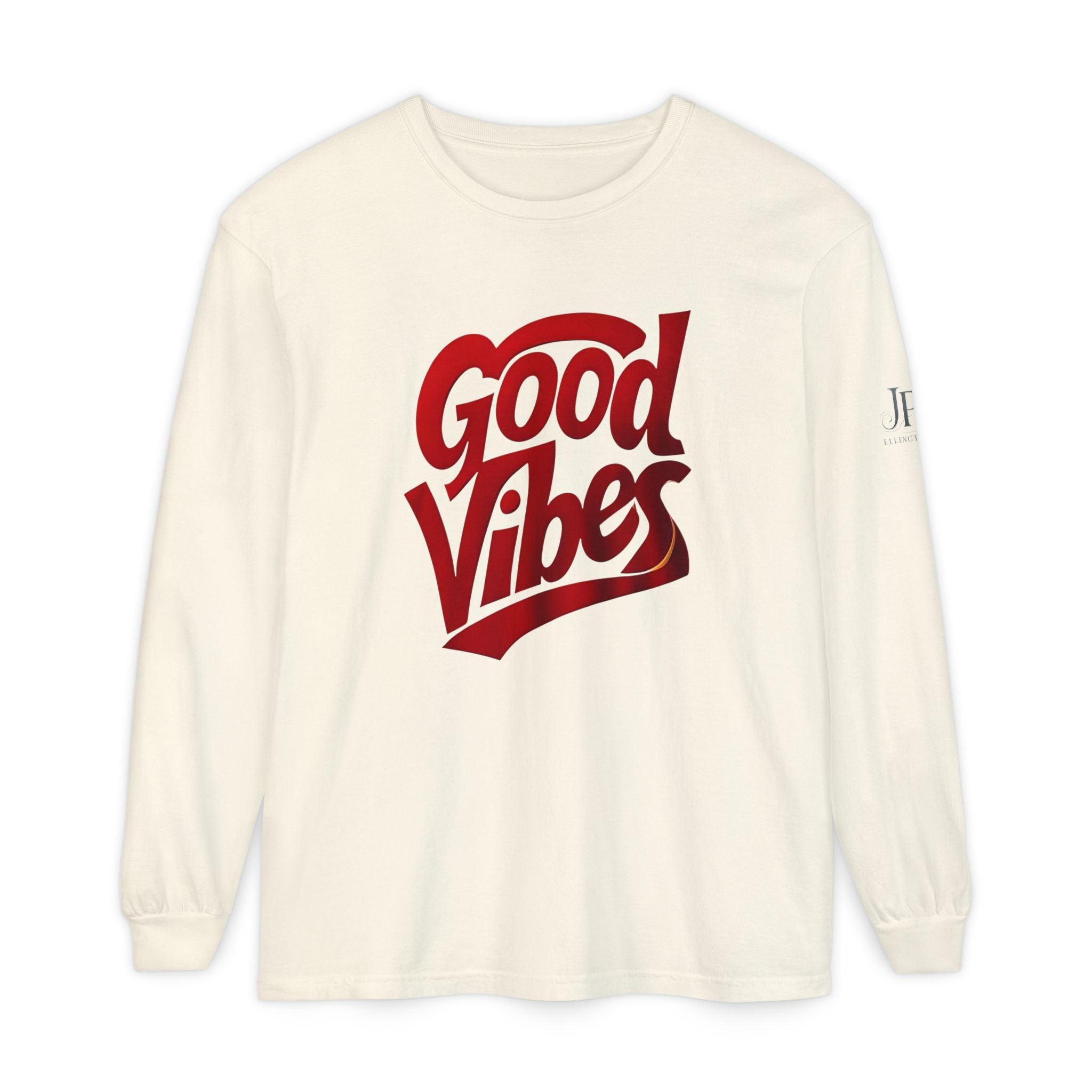 Langarmshirt mit Grafikaufdruck „Good Vibes Script“ | Weiß, rote Schrift