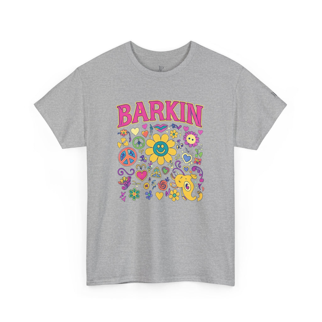 Barkin retro floral dog design T-Shirt | 70s cartoon flowers peace signs, JP Ellington Edition