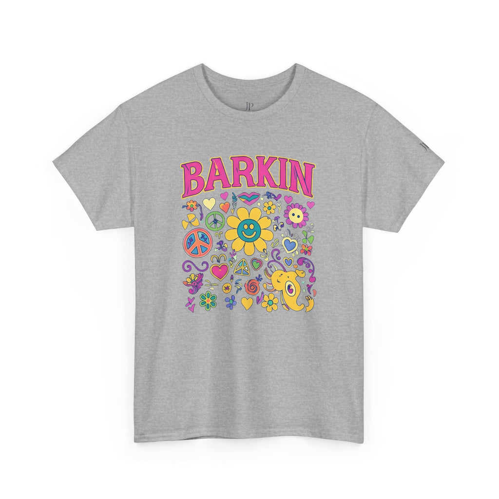 Barkin retro floral dog design T-Shirt | 70s cartoon flowers peace signs, JP Ellington Edition