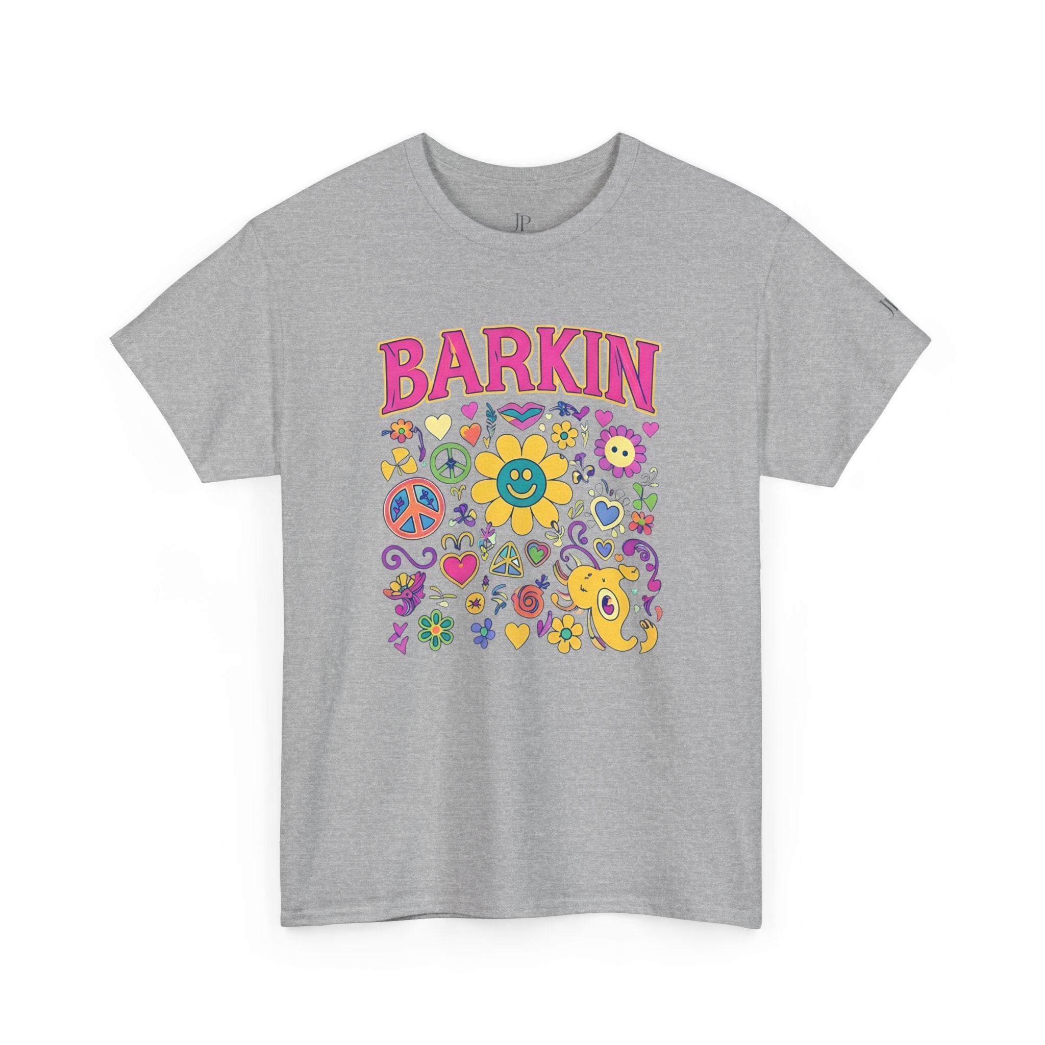 Barkin retro floral dog design T-Shirt | 70s cartoon flowers peace signs, JP Ellington Edition