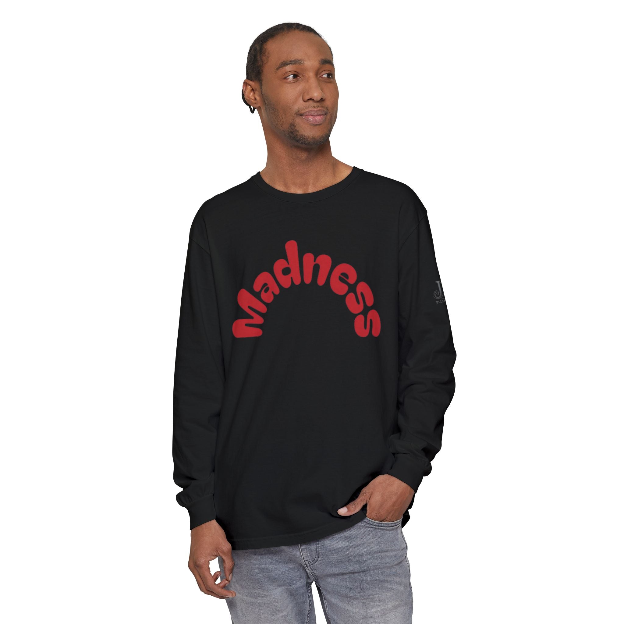 Madness Arch Logo long sleeve tee | White shirt with red retro text