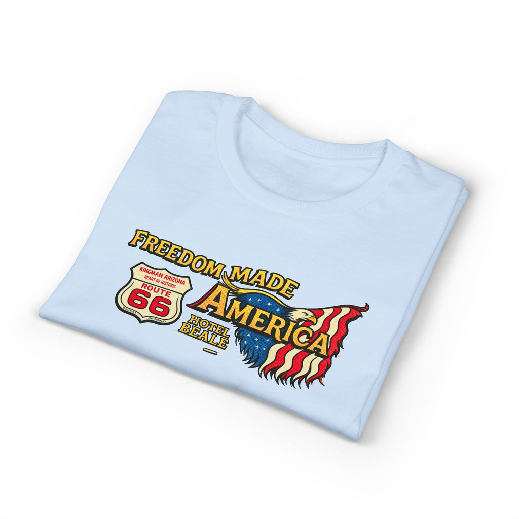 Freedom Made America Route 66 Map T-Shirt | American Flag Roadside Graphic