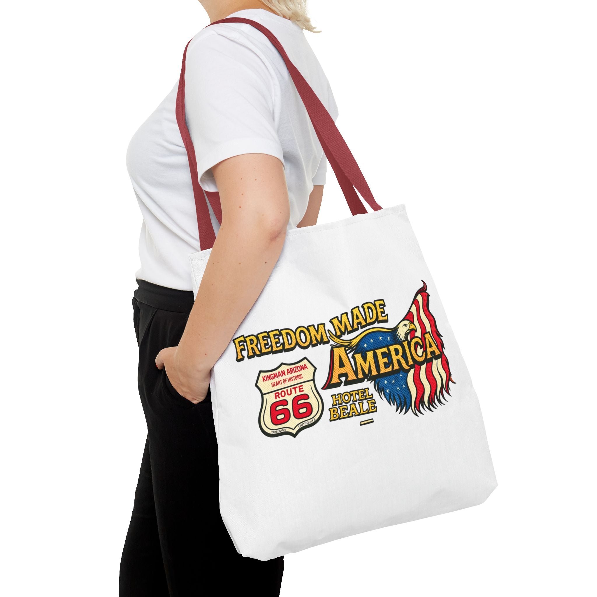 Freedom Made America Tote Bag | Route 66 Flag Graphic