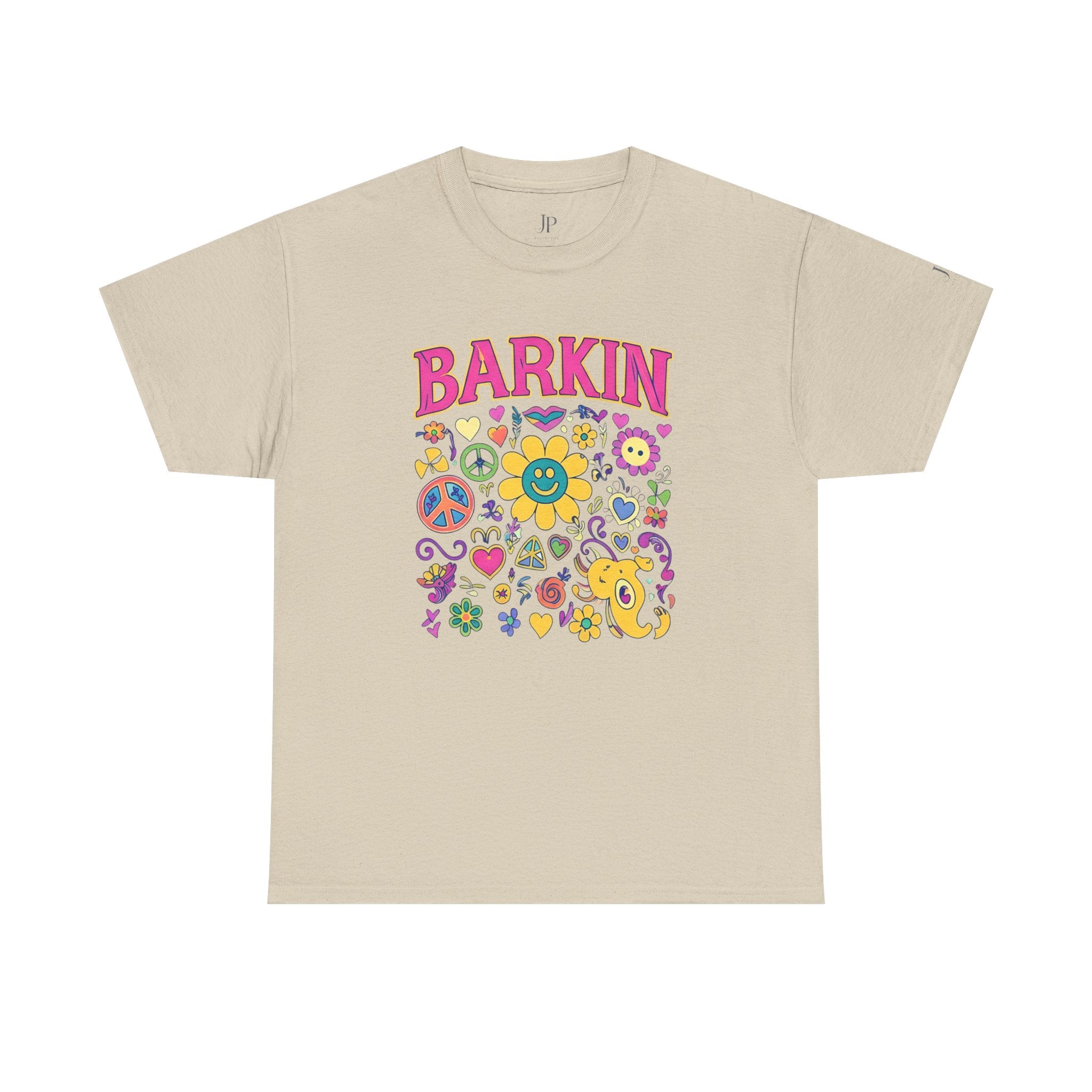 Barkin retro floral dog design T-Shirt | 70s cartoon flowers peace signs, JP Ellington Edition