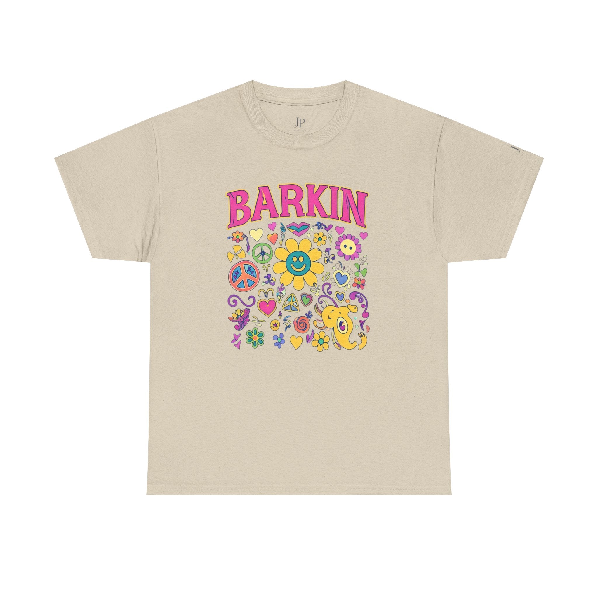 T-Shirt mit Retro-Blumen-Hundedesign „Barkin“ | Blumen und Friedenszeichen im 70er-Jahre-Cartoon-Stil, JP Ellington Edition