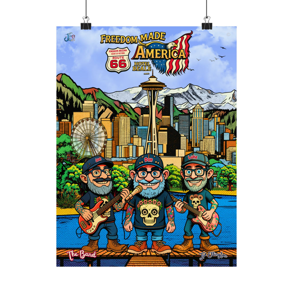 Freedom Made America Poster | Seattle Band Cartoon Skyline Route 66