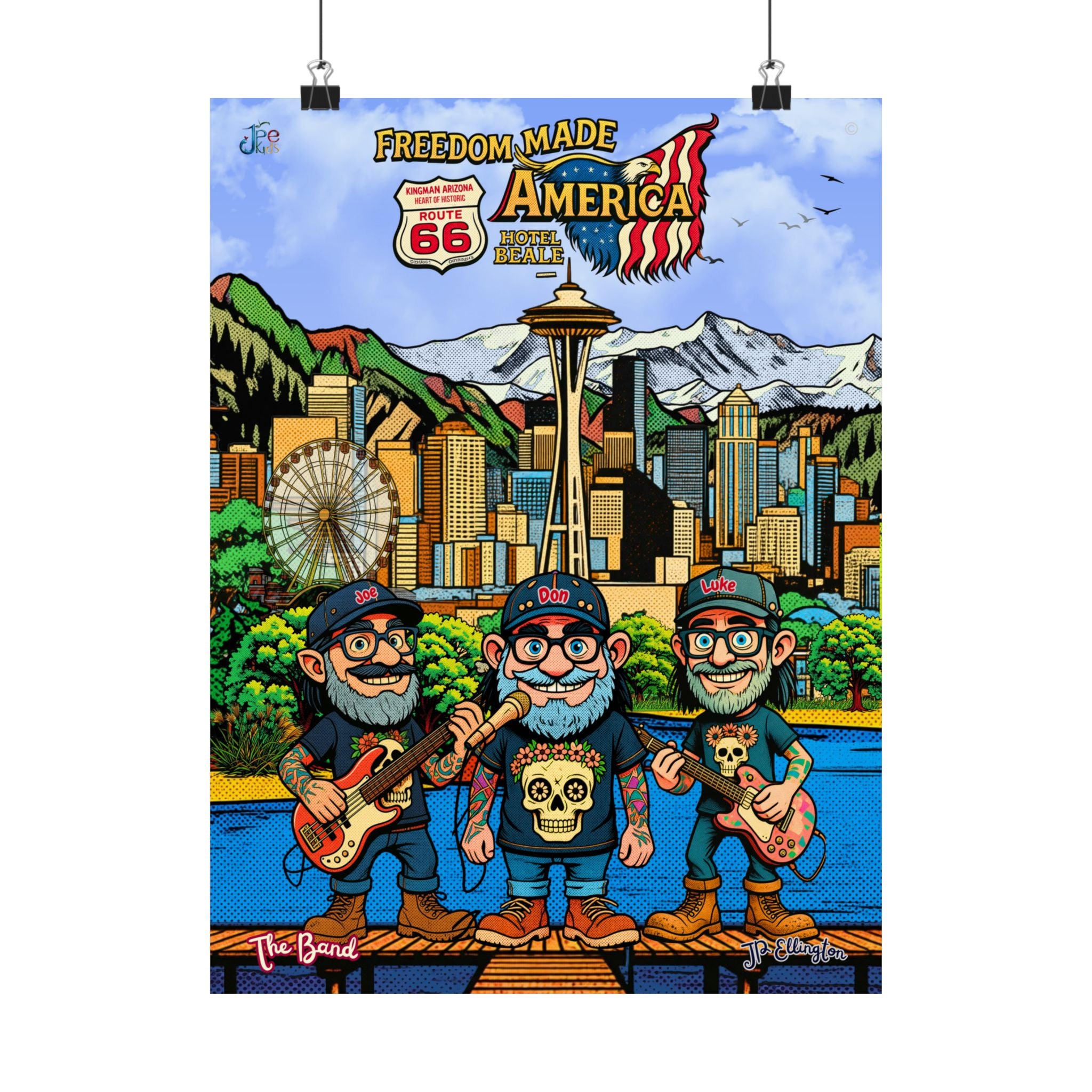 Freedom Made America Poster | Seattle Band Cartoon Skyline Route 66