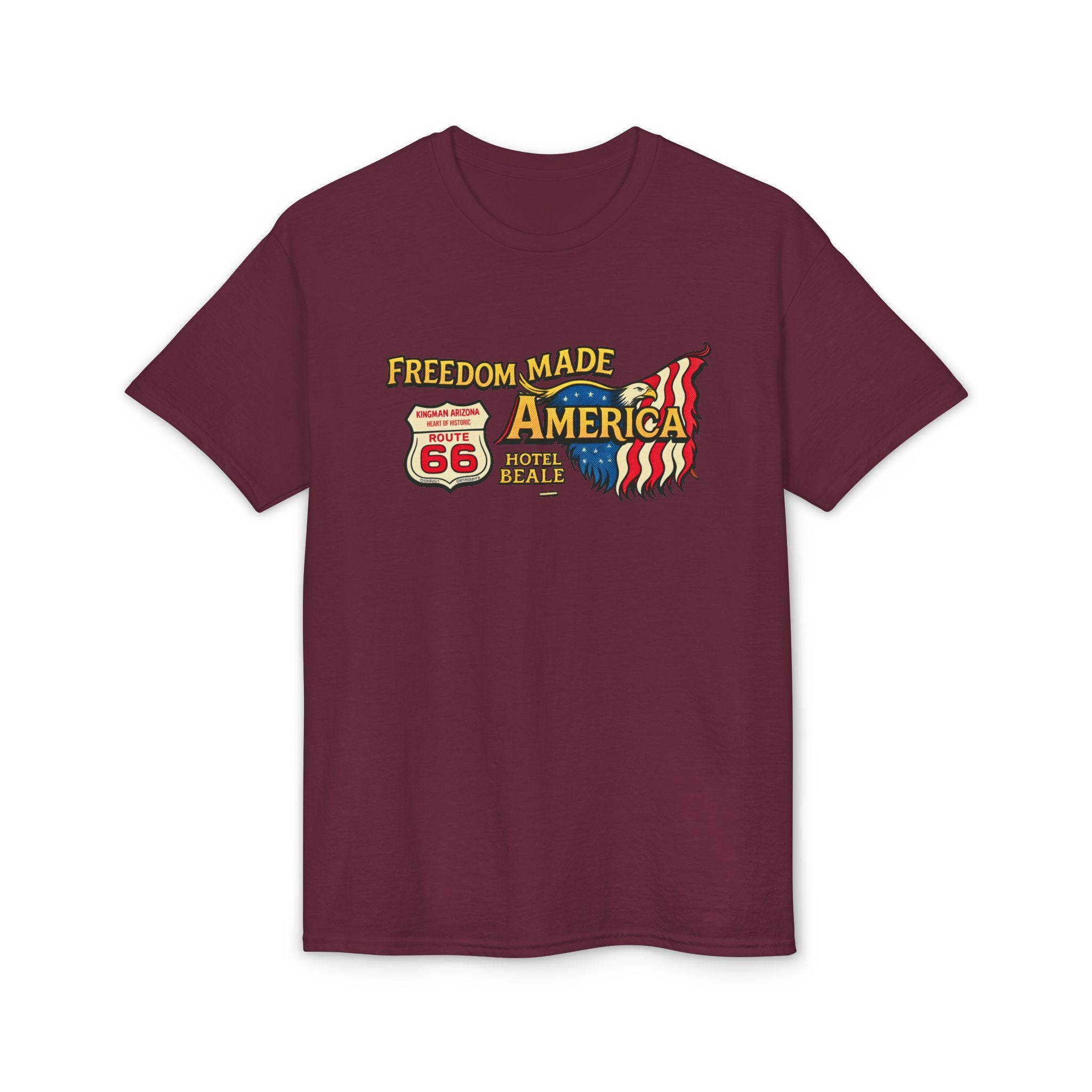 Freedom Made America Route 66 Karte T-Shirt | Amerikanische Flagge Straßenrand-Grafik